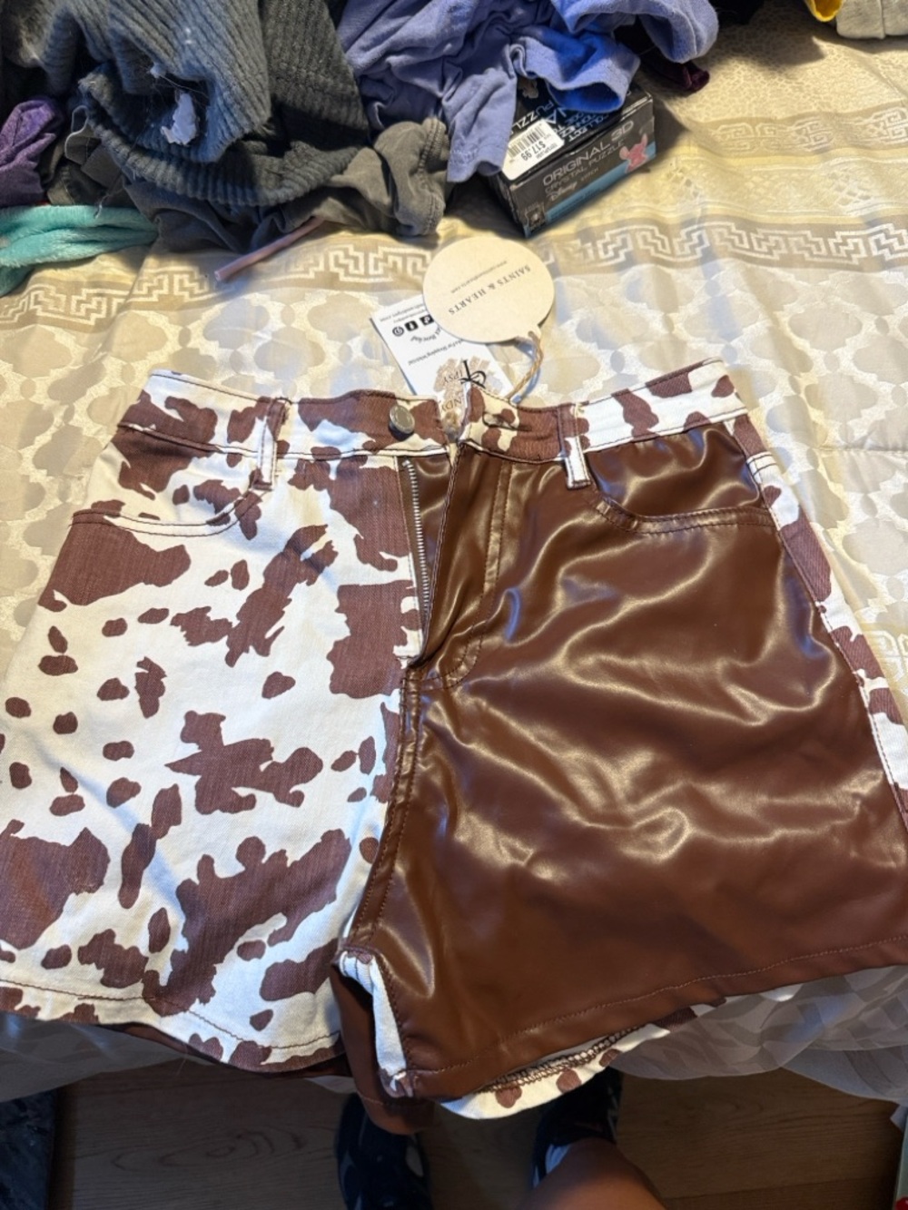 Mixed-Media Cowprint & Faux Leather High-Rise Women’s Jean Shorts